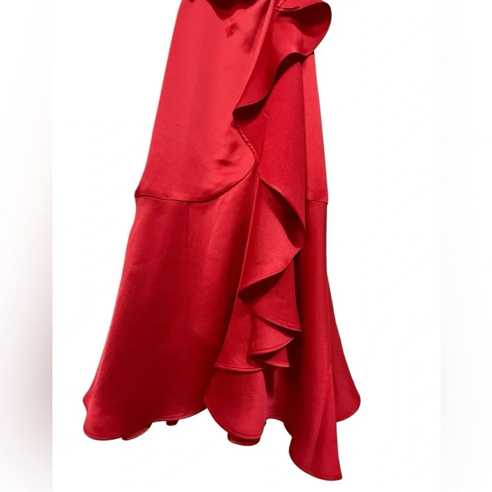 Women's V neck Ruffle Front Red Satin Crepe belted Gown 
Size 8 - Picture 8 of 11